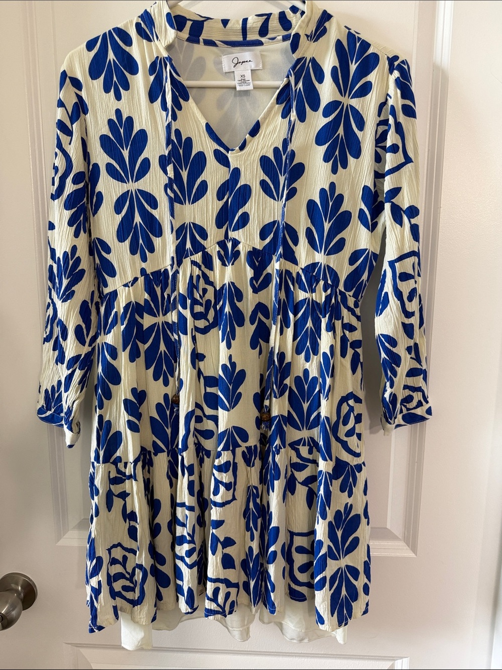 Japna Cream Dress with Bold Blue Floral Print, Long Sleeves